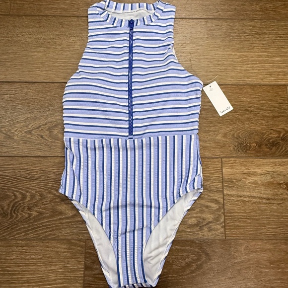 Splendid Women's NWT Zip-Front High-Neck One-Piece Blue Striped Swimsuit Size S - Picture 1 of 11